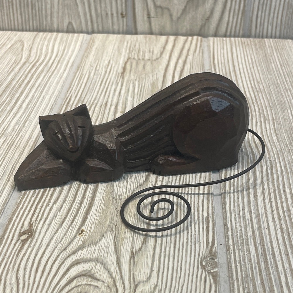 Vintage Hand Carved Wood Cat Figurine Photo Note Holder Spiral Wire Tail 5.5in